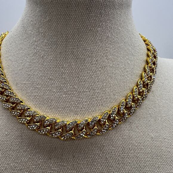 Pave Rhinestones Chunky Cable Chain Necklace 15.5” Gold Toned Snap Clasp - Picture 3 of 10